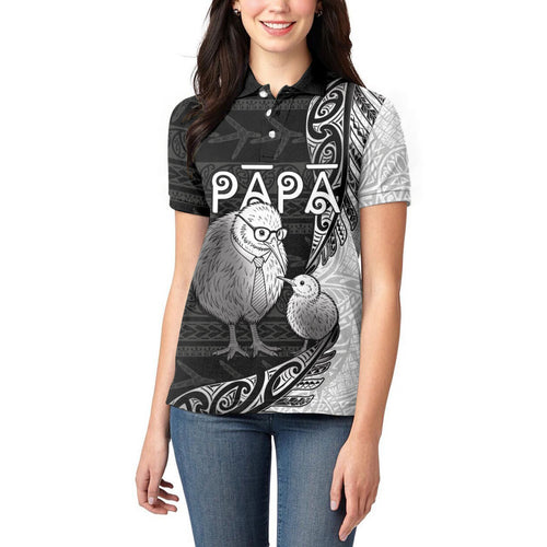 Personalised New Zealand Father's Day Women Polo Shirt Papa Kiwi Bird Tribal Pattern
