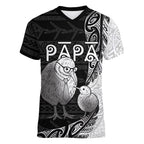 Personalised New Zealand Father's Day Women V-Neck T-Shirt Papa Kiwi Bird Tribal Pattern