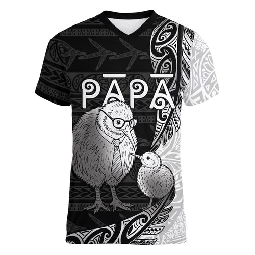 Personalised New Zealand Father's Day Women V-Neck T-Shirt Papa Kiwi Bird Tribal Pattern