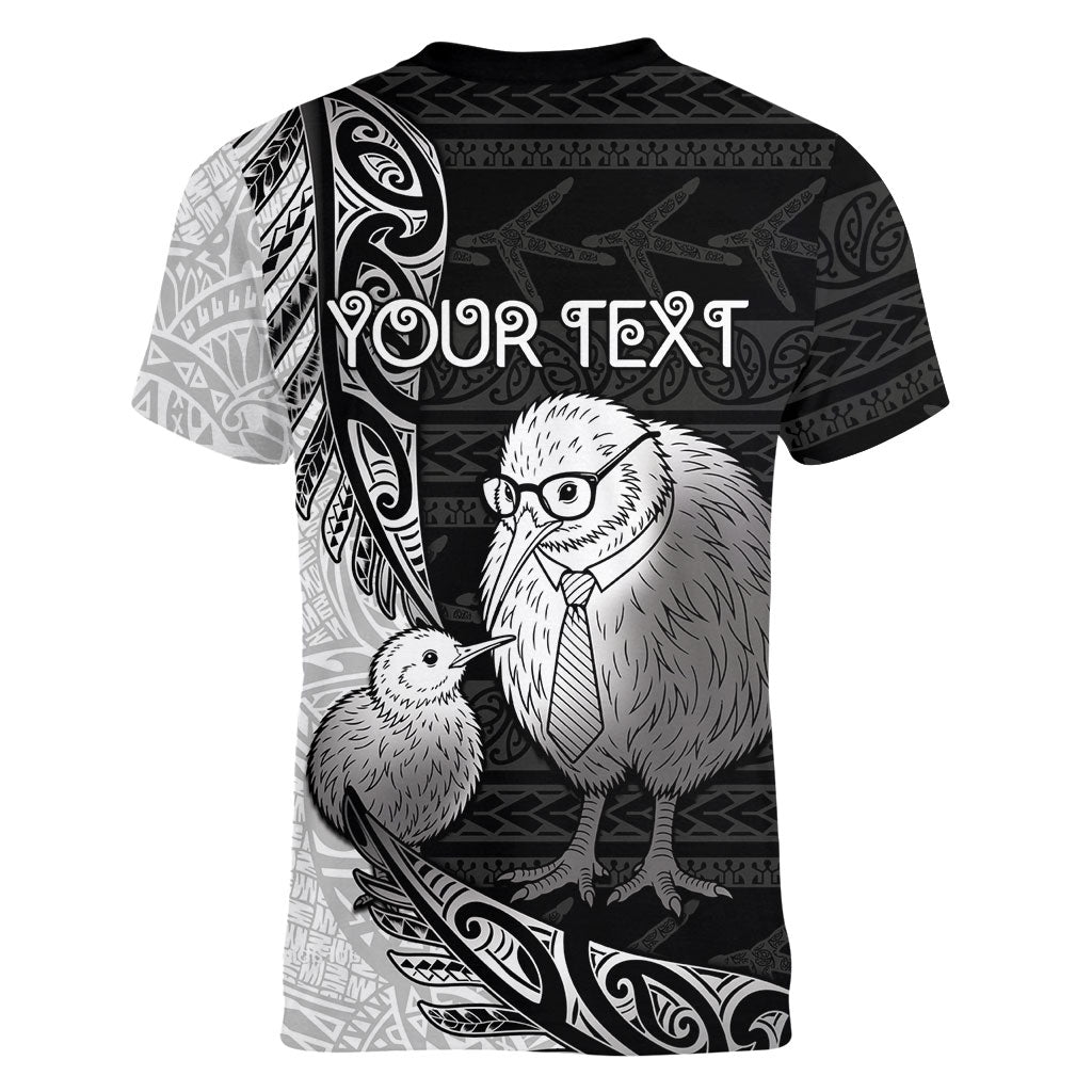 Personalised New Zealand Father's Day Women V-Neck T-Shirt Papa Kiwi Bird Tribal Pattern