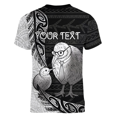 Personalised New Zealand Father's Day Women V-Neck T-Shirt Papa Kiwi Bird Tribal Pattern