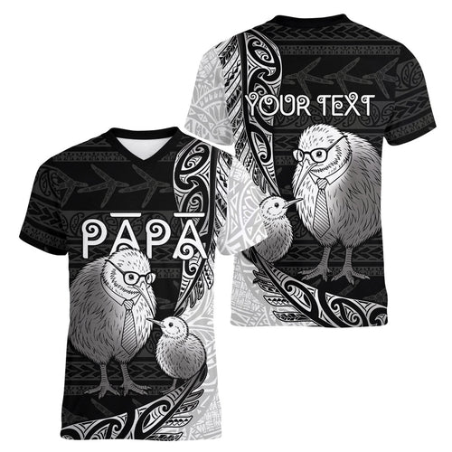 Personalised New Zealand Father's Day Women V-Neck T-Shirt Papa Kiwi Bird Tribal Pattern