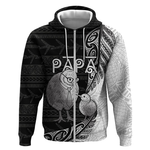 Personalised New Zealand Father's Day Zip Hoodie Papa Kiwi Bird Tribal Pattern