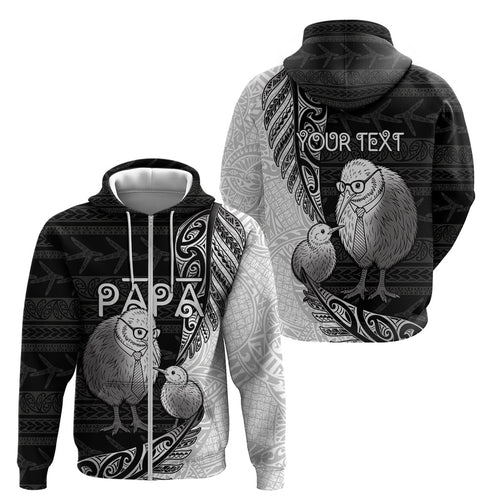 Personalised New Zealand Father's Day Zip Hoodie Papa Kiwi Bird Tribal Pattern