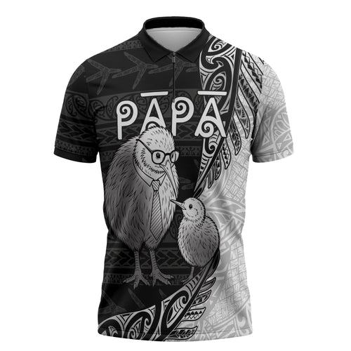 Personalised New Zealand Father's Day Zipper Polo Shirt Papa Kiwi Bird Tribal Pattern