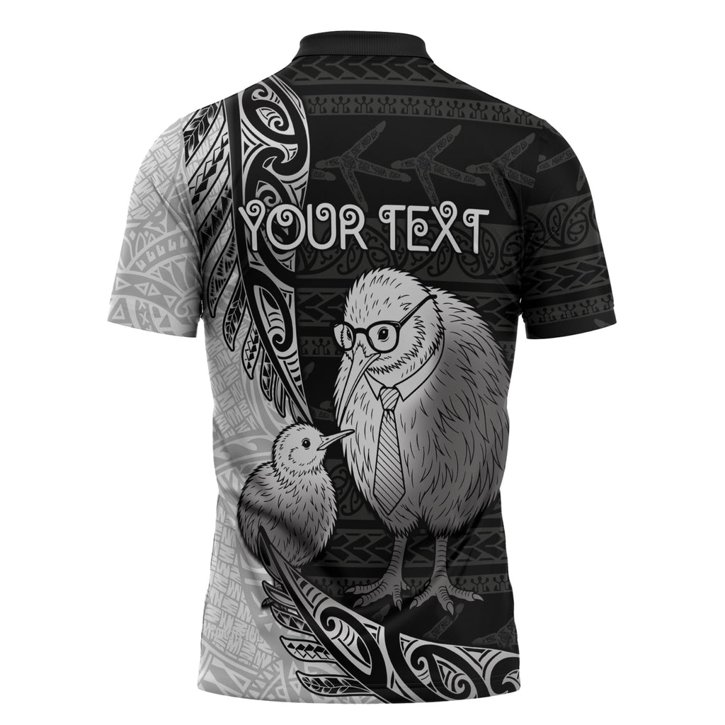 Personalised New Zealand Father's Day Zipper Polo Shirt Papa Kiwi Bird Tribal Pattern