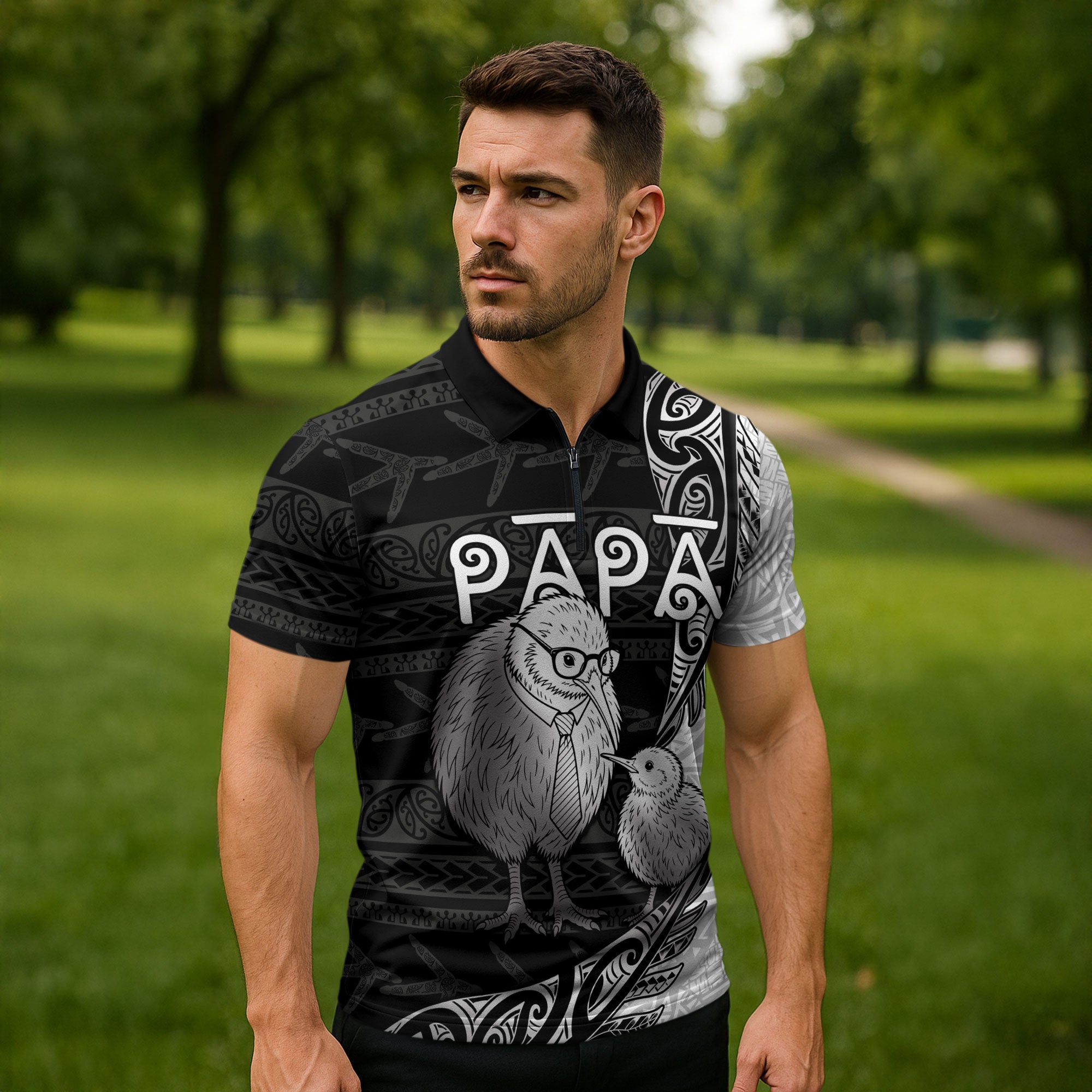 Personalised New Zealand Father's Day Zipper Polo Shirt Papa Kiwi Bird Tribal Pattern