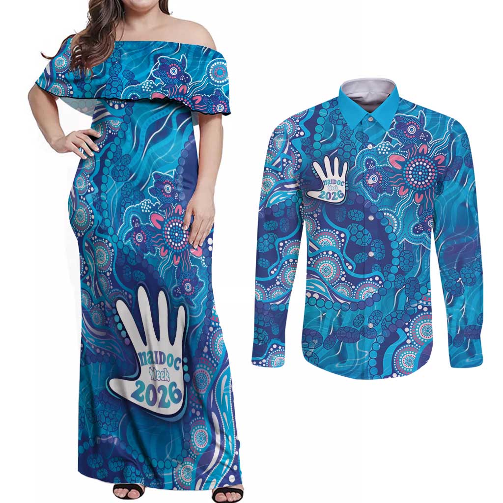 NAIDOC Week 2026 Couples Matching Off Shoulder Maxi Dress and Long Sleeve Button Shirt Turtle Dream On The Waves