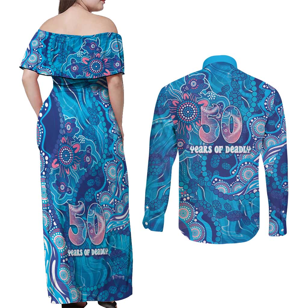 NAIDOC Week 2026 Couples Matching Off Shoulder Maxi Dress and Long Sleeve Button Shirt Turtle Dream On The Waves