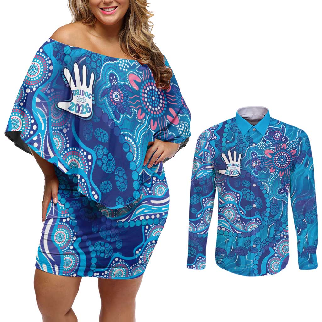 NAIDOC Week 2026 Couples Matching Off Shoulder Short Dress and Long Sleeve Button Shirt Turtle Dream On The Waves