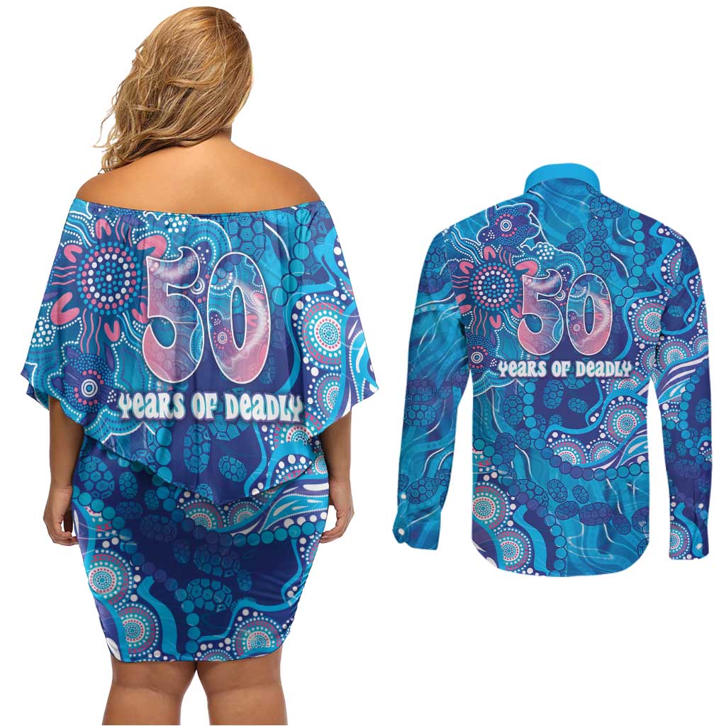 NAIDOC Week 2026 Couples Matching Off Shoulder Short Dress and Long Sleeve Button Shirt Turtle Dream On The Waves