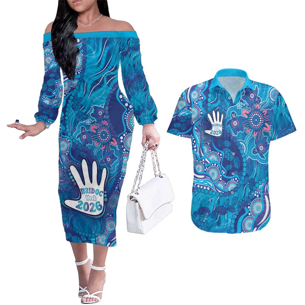 NAIDOC Week 2026 Couples Matching Off The Shoulder Long Sleeve Dress and Hawaiian Shirt Turtle Dream On The Waves