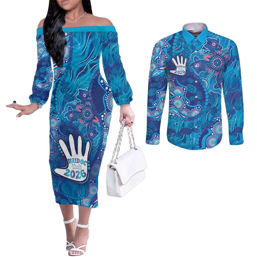NAIDOC Week 2026 Couples Matching Off The Shoulder Long Sleeve Dress and Long Sleeve Button Shirt Turtle Dream On The Waves
