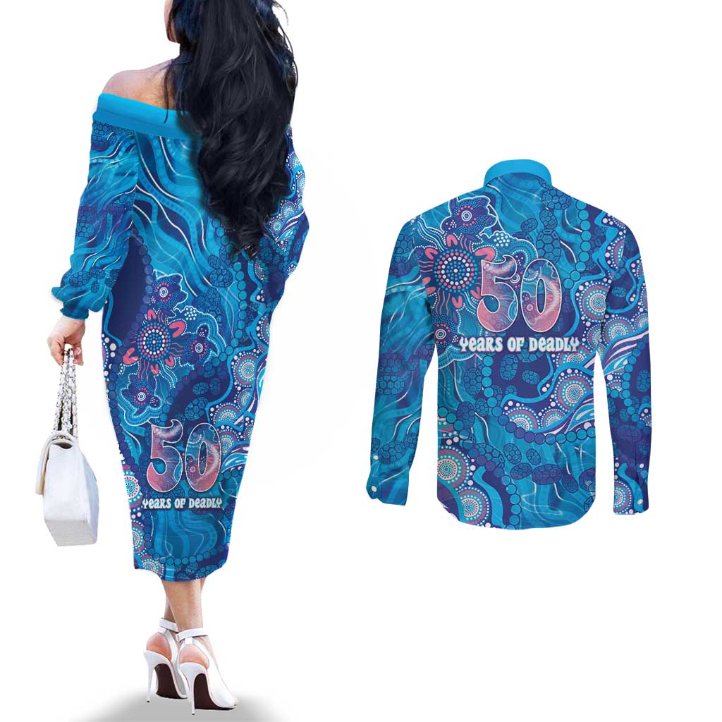 NAIDOC Week 2026 Couples Matching Off The Shoulder Long Sleeve Dress and Long Sleeve Button Shirt Turtle Dream On The Waves