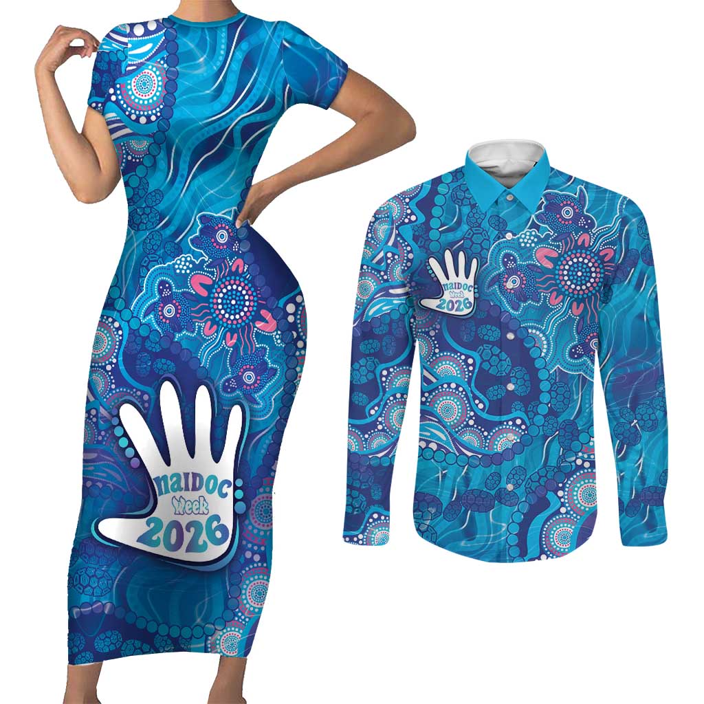 NAIDOC Week 2026 Couples Matching Short Sleeve Bodycon Dress and Long Sleeve Button Shirt Turtle Dream On The Waves