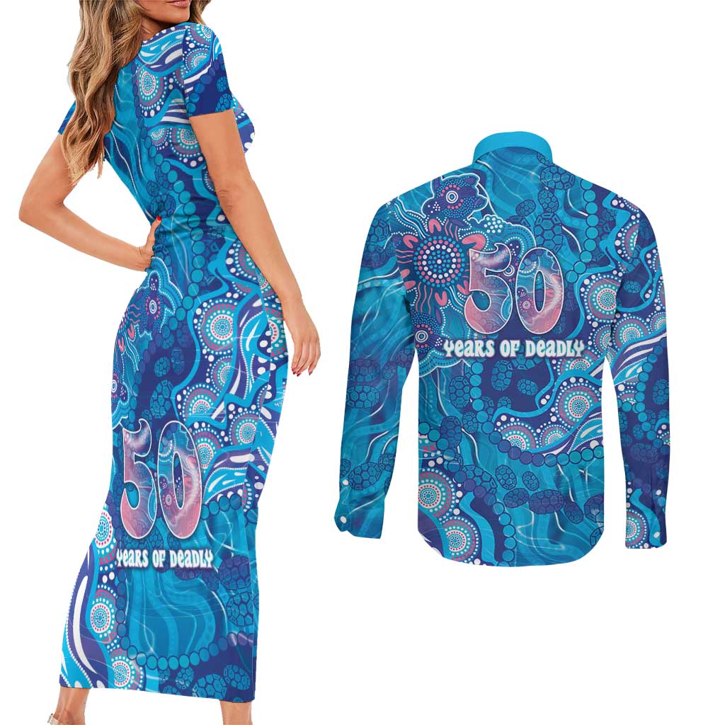 NAIDOC Week 2026 Couples Matching Short Sleeve Bodycon Dress and Long Sleeve Button Shirt Turtle Dream On The Waves