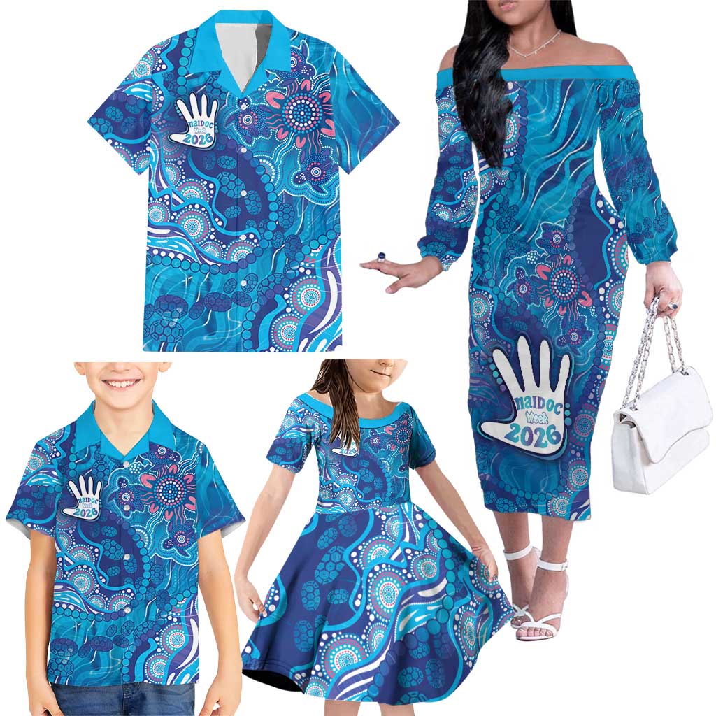 NAIDOC Week 2026 Family Matching Off The Shoulder Long Sleeve Dress and Hawaiian Shirt Turtle Dream On The Waves