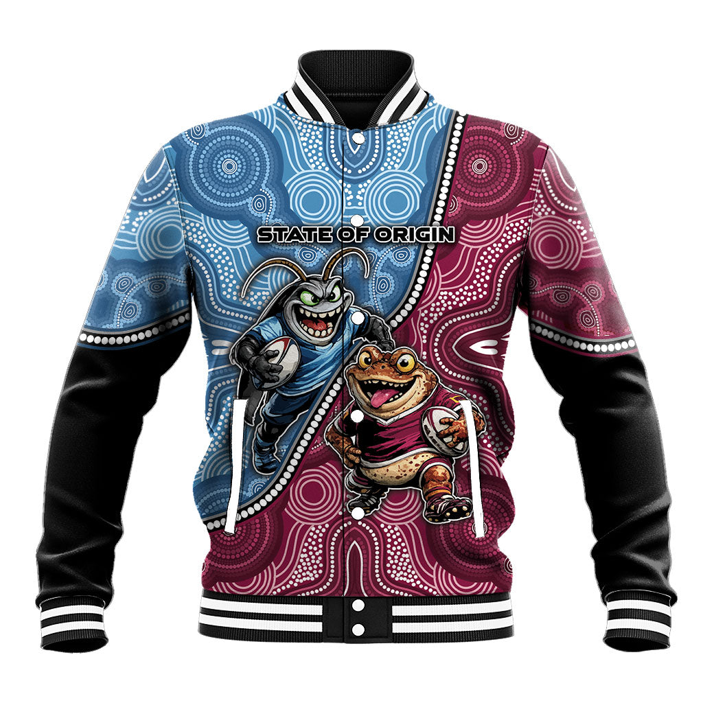 Personalised New South Wales And Queensland Baseball Jacket Cockroaches With Frogs Aboriginal Art