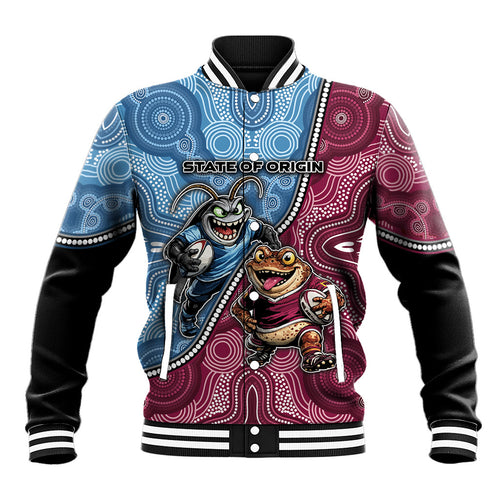 Personalised New South Wales And Queensland Baseball Jacket Cockroaches With Frogs Aboriginal Art