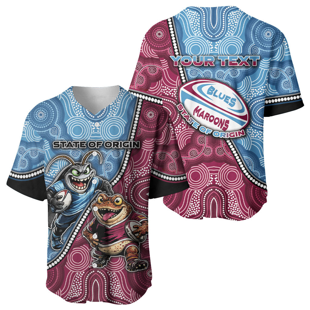 Personalised New South Wales And Queensland Baseball Jersey Cockroaches With Frogs Aboriginal Art