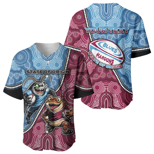Personalised New South Wales And Queensland Baseball Jersey Cockroaches With Frogs Aboriginal Art