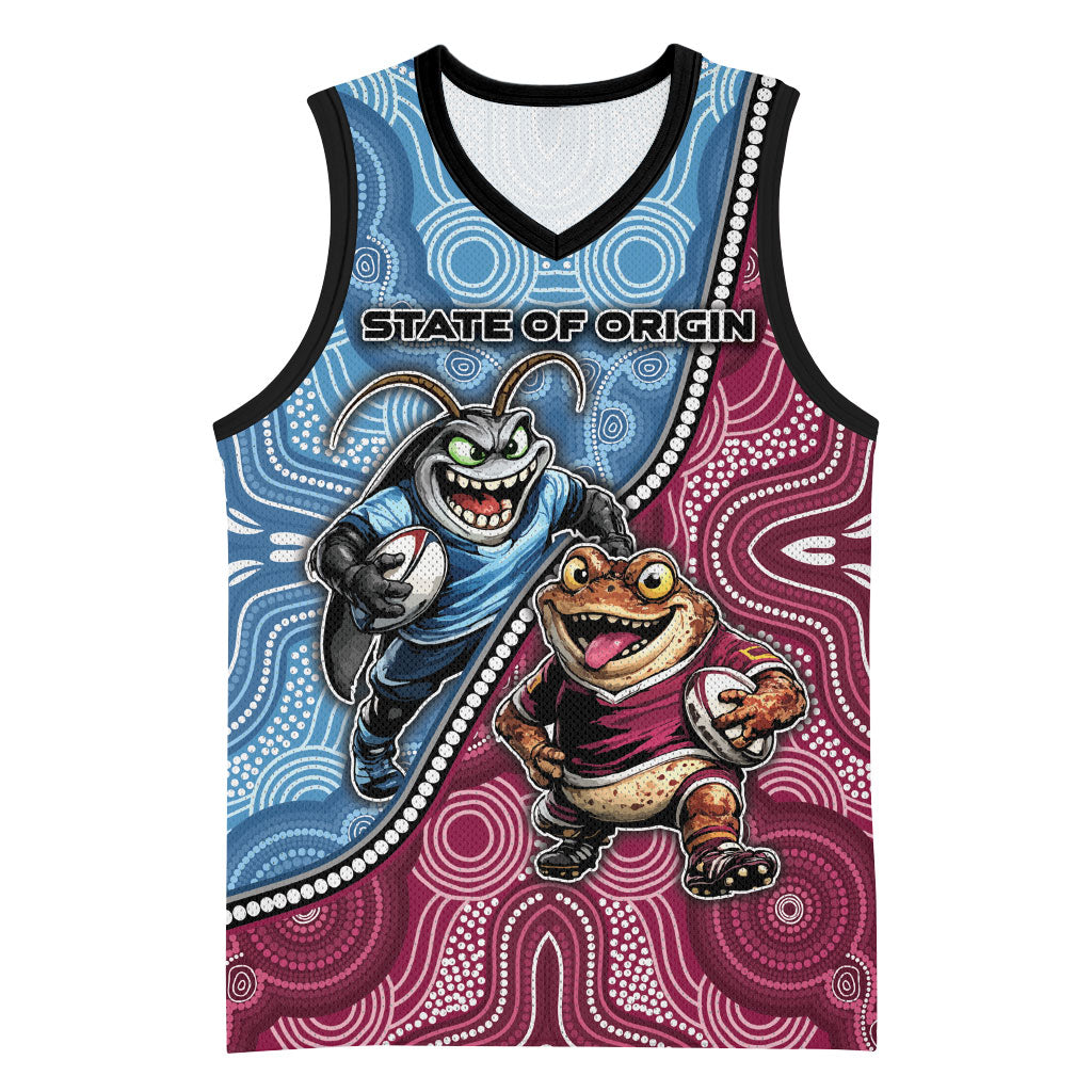 Personalised New South Wales And Queensland Basketball Jersey Cockroaches With Frogs Aboriginal Art