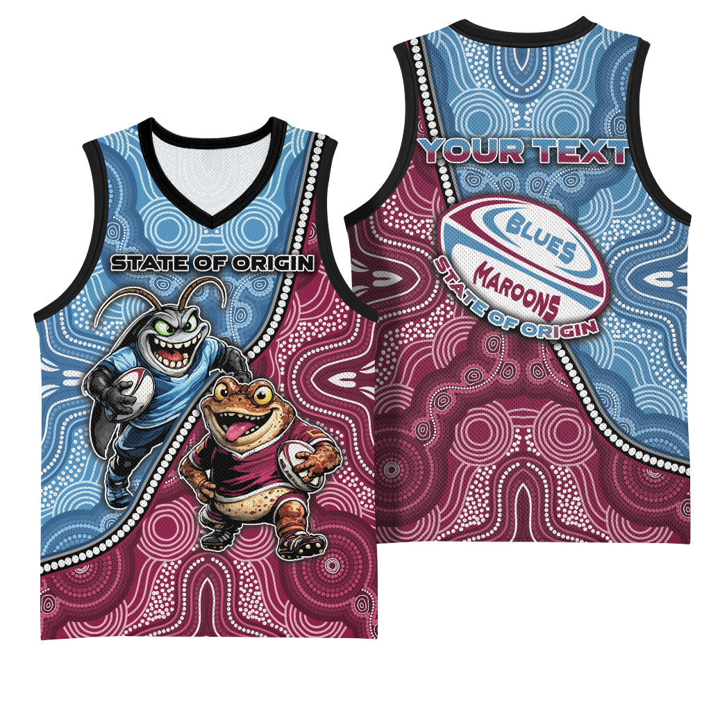 Personalised New South Wales And Queensland Basketball Jersey Cockroaches With Frogs Aboriginal Art