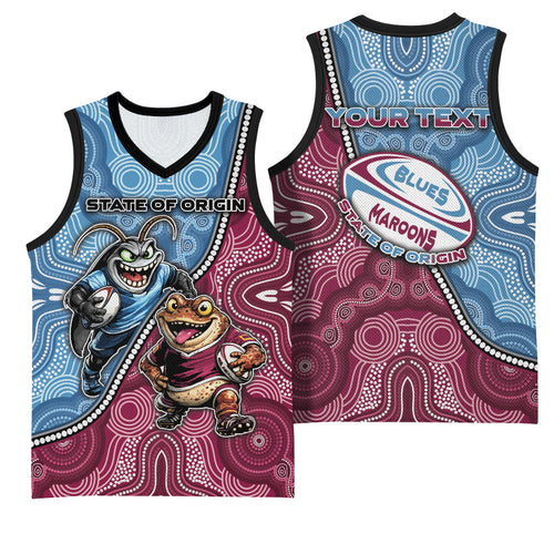Personalised New South Wales And Queensland Basketball Jersey Cockroaches With Frogs Aboriginal Art