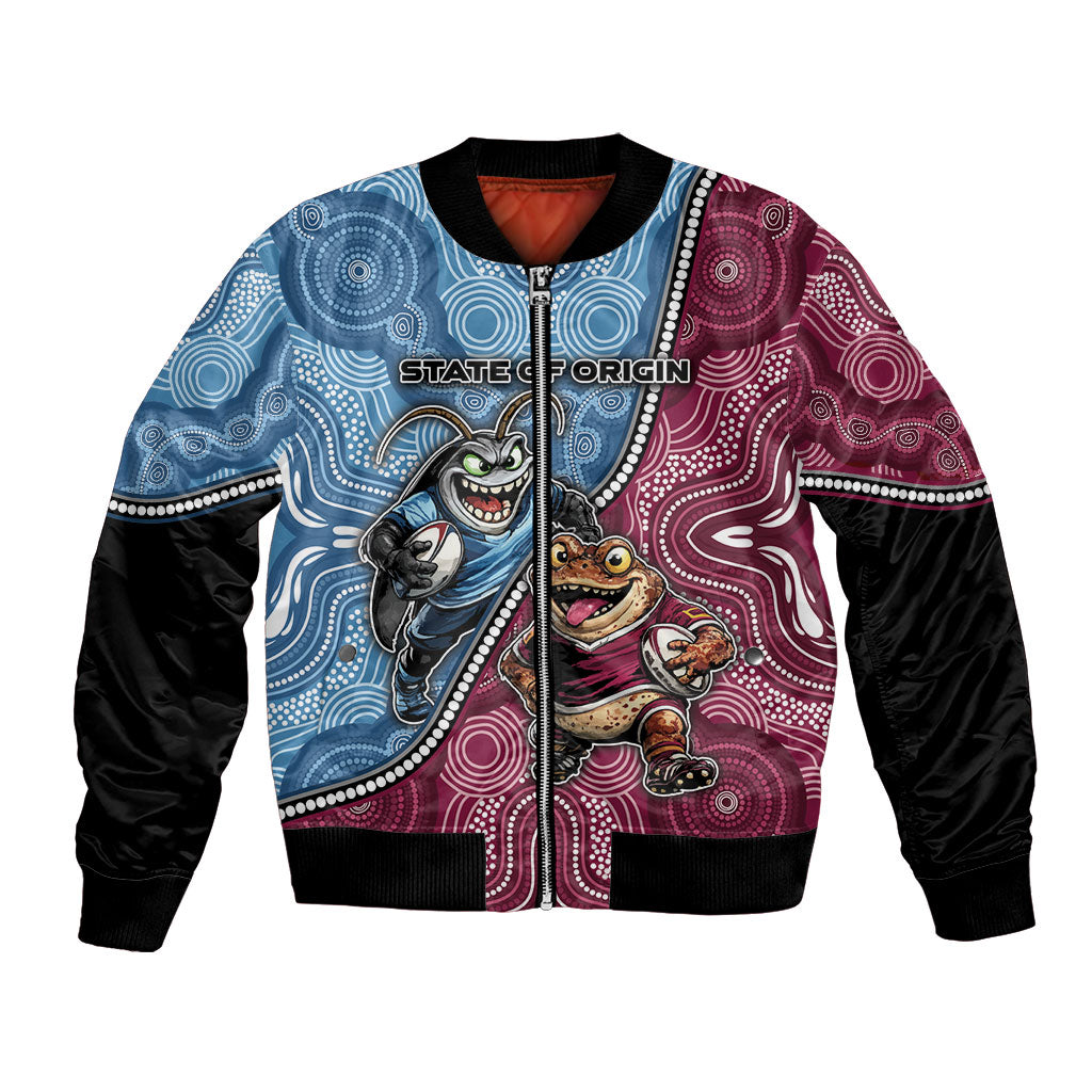 Personalised New South Wales And Queensland Bomber Jacket Cockroaches With Frogs Aboriginal Art