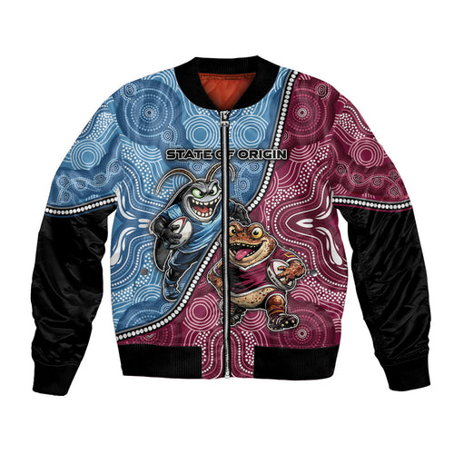 Personalised New South Wales And Queensland Bomber Jacket Cockroaches With Frogs Aboriginal Art