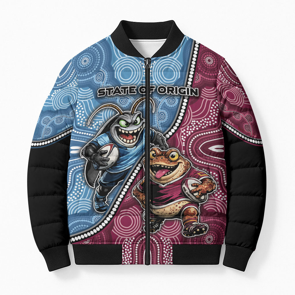Personalised New South Wales And Queensland Bomber Puffer Jacket Cockroaches With Frogs Aboriginal Art