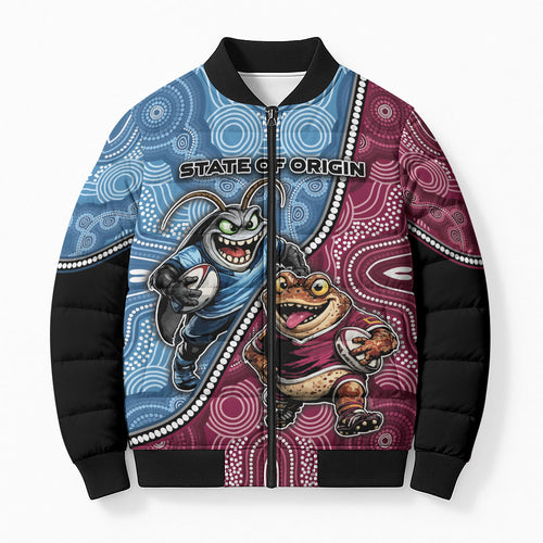 Personalised New South Wales And Queensland Bomber Puffer Jacket Cockroaches With Frogs Aboriginal Art
