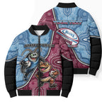Personalised New South Wales And Queensland Bomber Puffer Jacket Cockroaches With Frogs Aboriginal Art