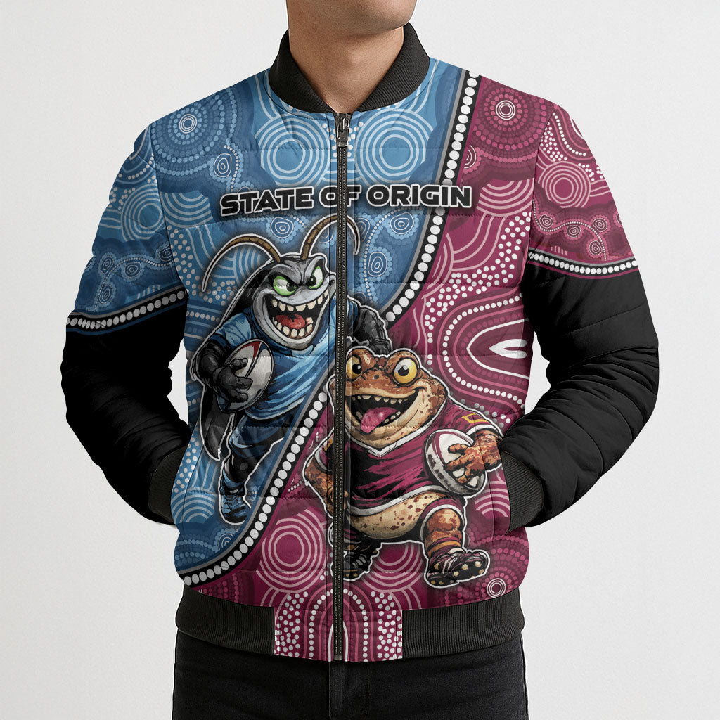 Personalised New South Wales And Queensland Bomber Puffer Jacket Cockroaches With Frogs Aboriginal Art
