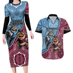 Personalised New South Wales And Queensland Couples Matching Long Sleeve Bodycon Dress and Hawaiian Shirt Cockroaches With Frogs Aboriginal Art