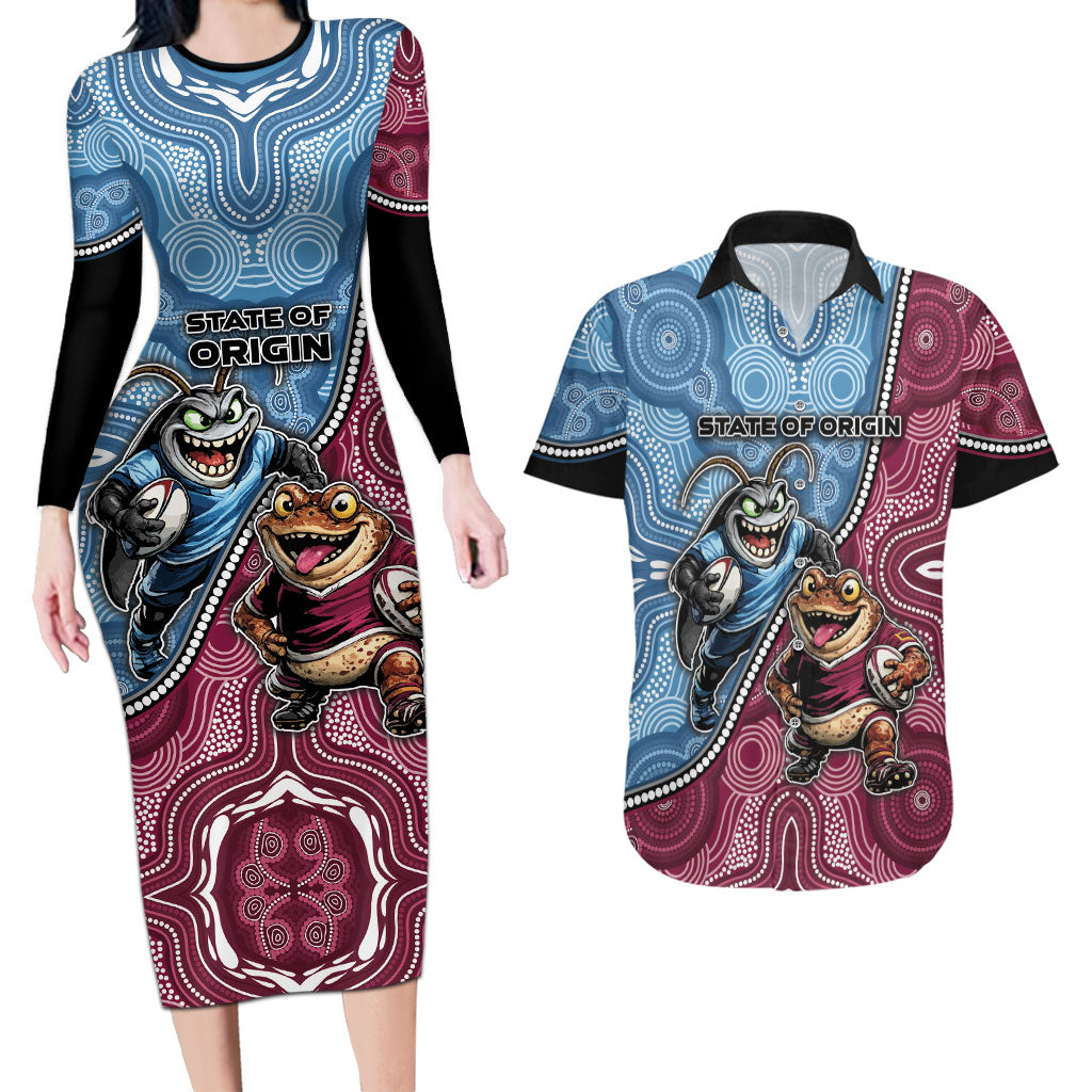 Personalised New South Wales And Queensland Couples Matching Long Sleeve Bodycon Dress and Hawaiian Shirt Cockroaches With Frogs Aboriginal Art
