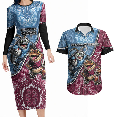 Personalised New South Wales And Queensland Couples Matching Long Sleeve Bodycon Dress and Hawaiian Shirt Cockroaches With Frogs Aboriginal Art