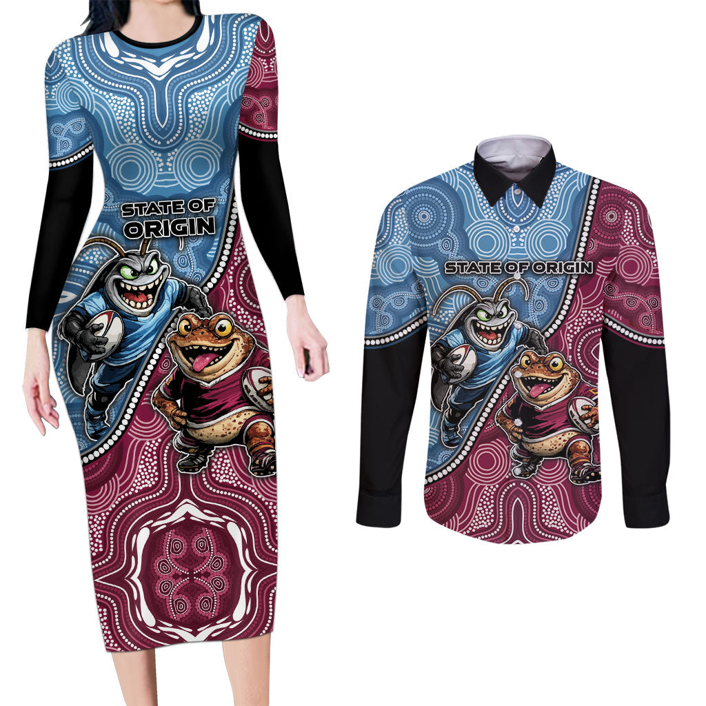 Personalised New South Wales And Queensland Couples Matching Long Sleeve Bodycon Dress and Long Sleeve Button Shirt Cockroaches With Frogs Aboriginal Art