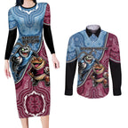 Personalised New South Wales And Queensland Couples Matching Long Sleeve Bodycon Dress and Long Sleeve Button Shirt Cockroaches With Frogs Aboriginal Art
