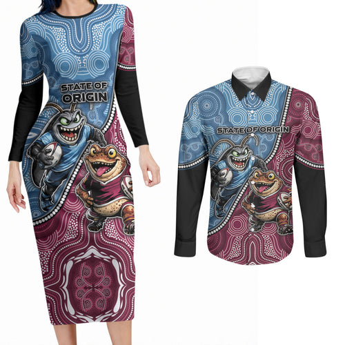 Personalised New South Wales And Queensland Couples Matching Long Sleeve Bodycon Dress and Long Sleeve Button Shirt Cockroaches With Frogs Aboriginal Art
