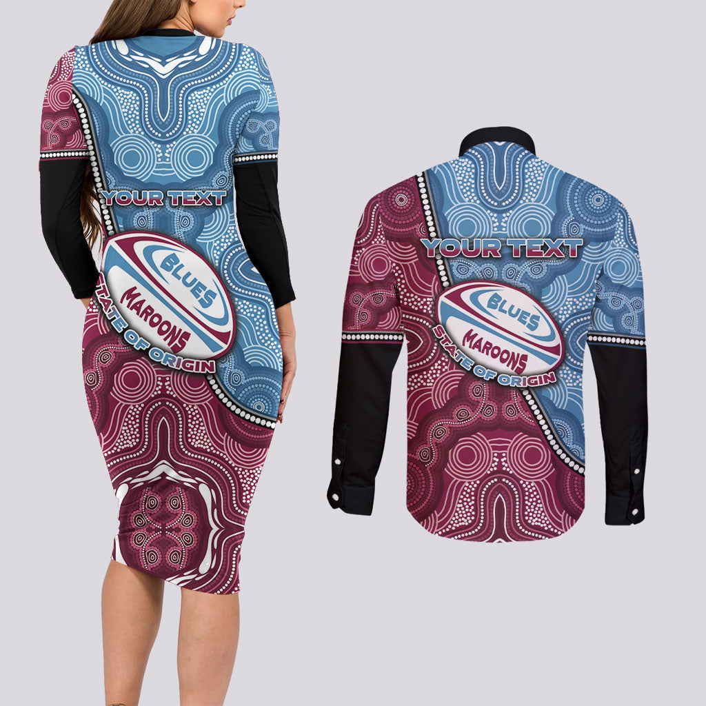 Personalised New South Wales And Queensland Couples Matching Long Sleeve Bodycon Dress and Long Sleeve Button Shirt Cockroaches With Frogs Aboriginal Art