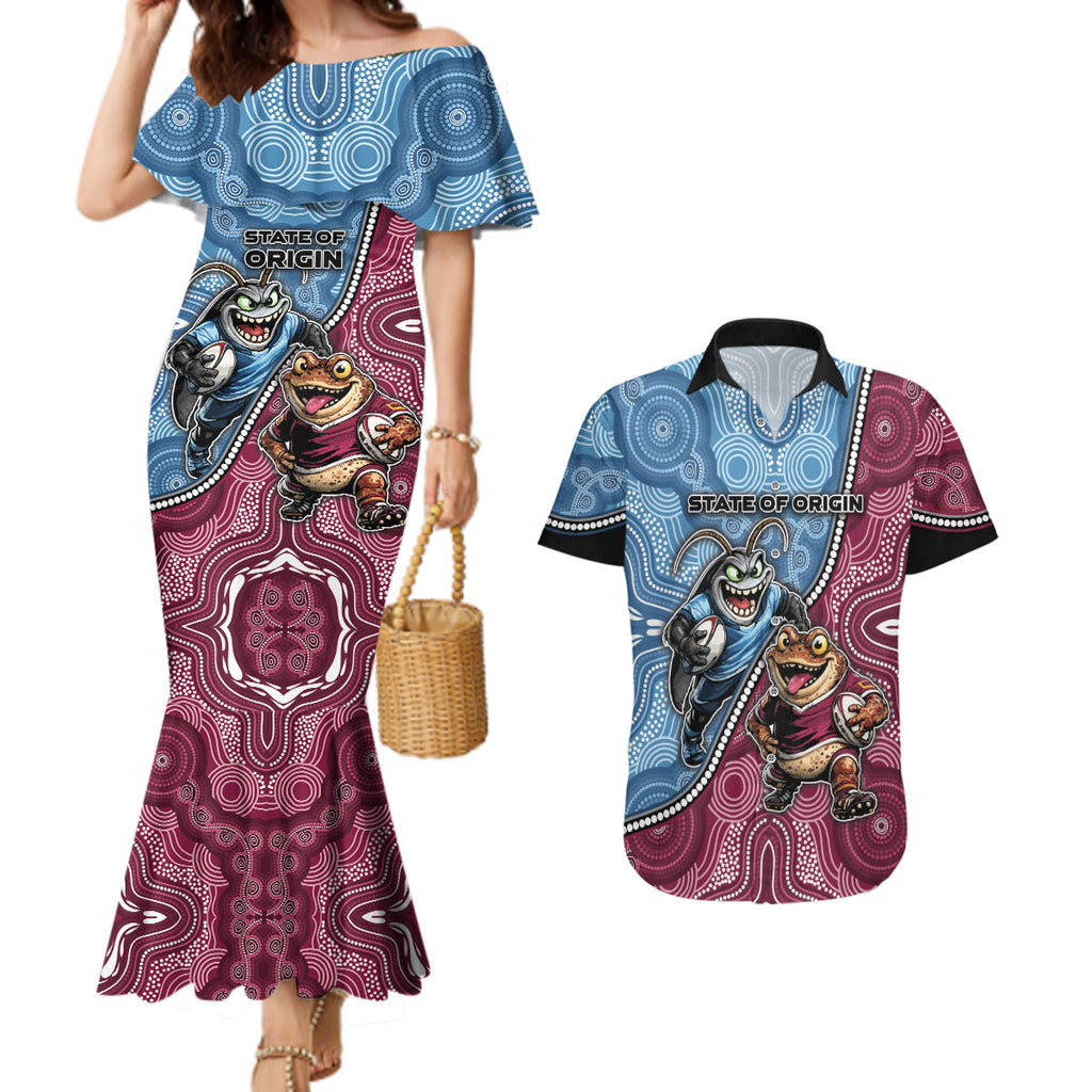 Personalised New South Wales And Queensland Couples Matching Mermaid Dress and Hawaiian Shirt Cockroaches With Frogs Aboriginal Art