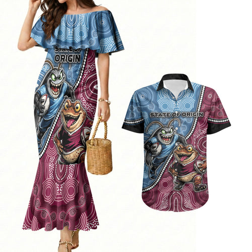 Personalised New South Wales And Queensland Couples Matching Mermaid Dress and Hawaiian Shirt Cockroaches With Frogs Aboriginal Art