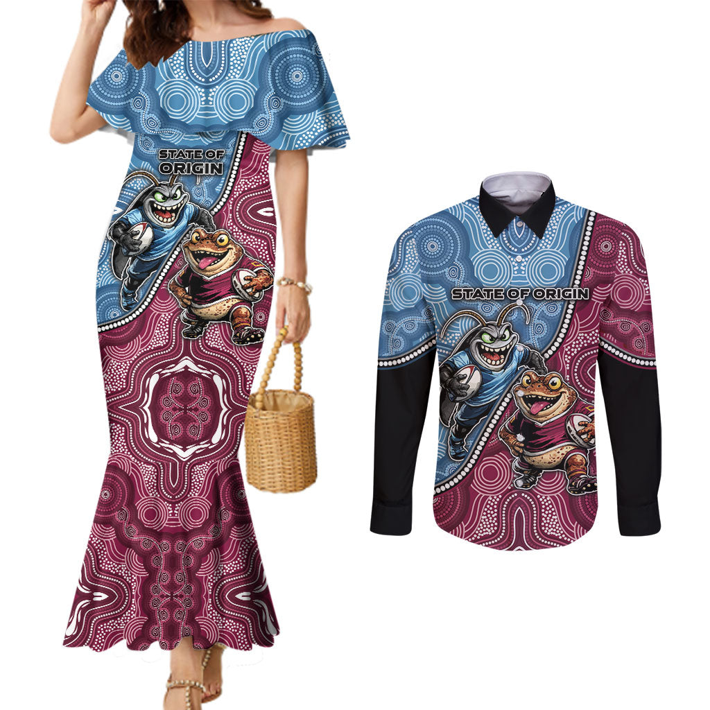 Personalised New South Wales And Queensland Couples Matching Mermaid Dress and Long Sleeve Button Shirt Cockroaches With Frogs Aboriginal Art