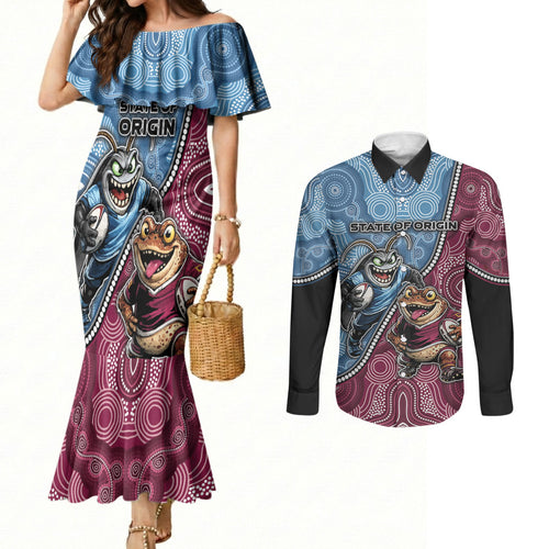 Personalised New South Wales And Queensland Couples Matching Mermaid Dress and Long Sleeve Button Shirt Cockroaches With Frogs Aboriginal Art
