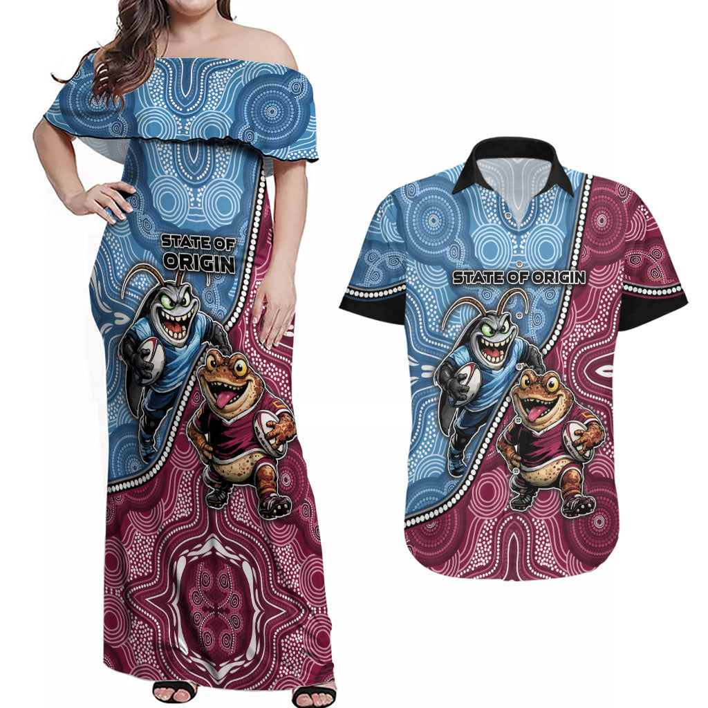 Personalised New South Wales And Queensland Couples Matching Off Shoulder Maxi Dress and Hawaiian Shirt Cockroaches With Frogs Aboriginal Art