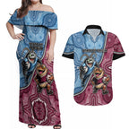 Personalised New South Wales And Queensland Couples Matching Off Shoulder Maxi Dress and Hawaiian Shirt Cockroaches With Frogs Aboriginal Art