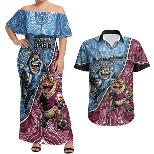 Personalised New South Wales And Queensland Couples Matching Off Shoulder Maxi Dress and Hawaiian Shirt Cockroaches With Frogs Aboriginal Art