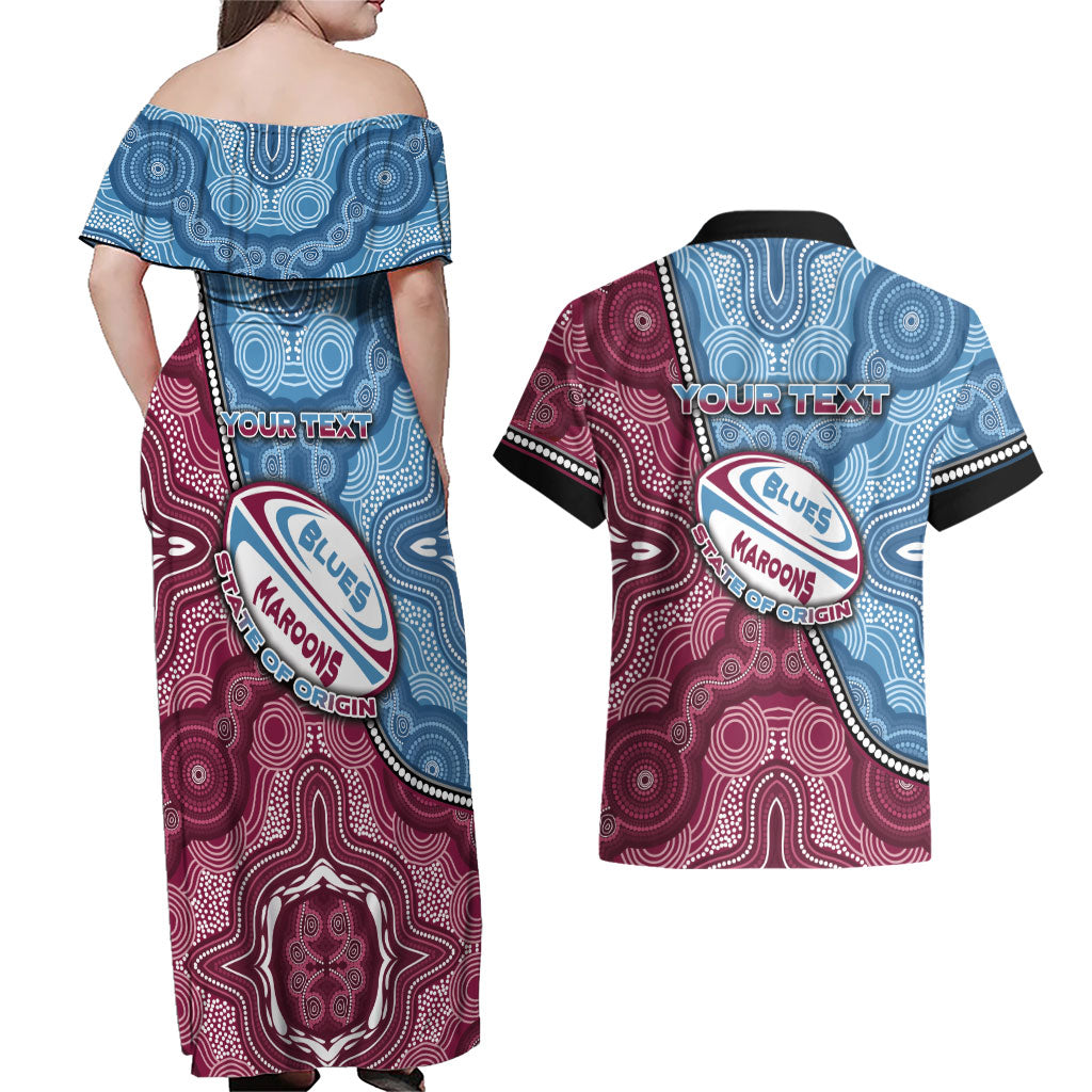 Personalised New South Wales And Queensland Couples Matching Off Shoulder Maxi Dress and Hawaiian Shirt Cockroaches With Frogs Aboriginal Art
