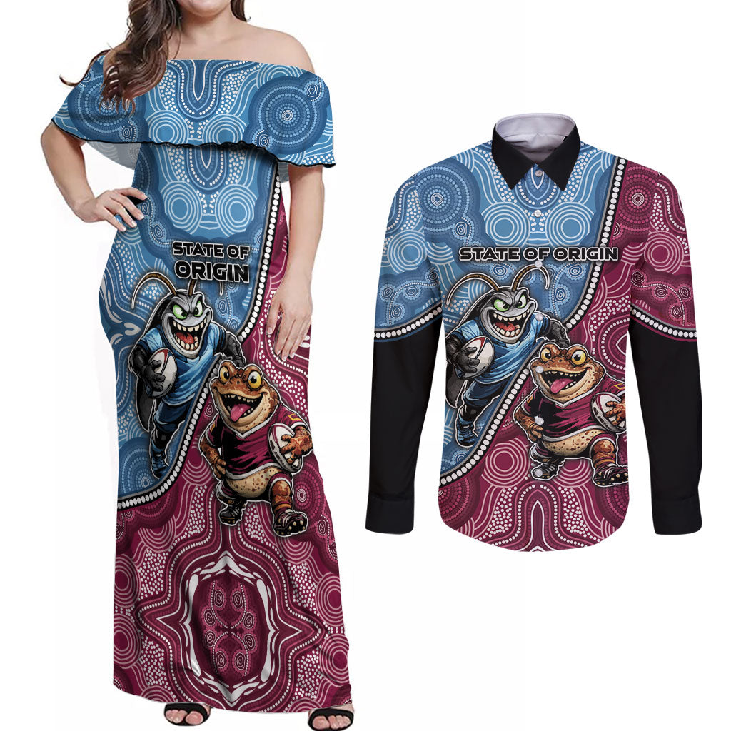 Personalised New South Wales And Queensland Couples Matching Off Shoulder Maxi Dress and Long Sleeve Button Shirt Cockroaches With Frogs Aboriginal Art